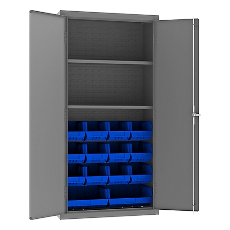 Durham MFG 14 Gauge Steel Shelf and Bin Cabinet, 14 Blue Bins