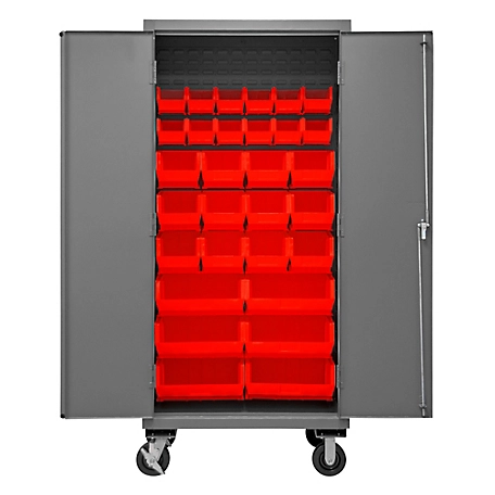 Durham MFG 16-Gauge Steel Bin Mobile Cabinet, 30 Red Bins