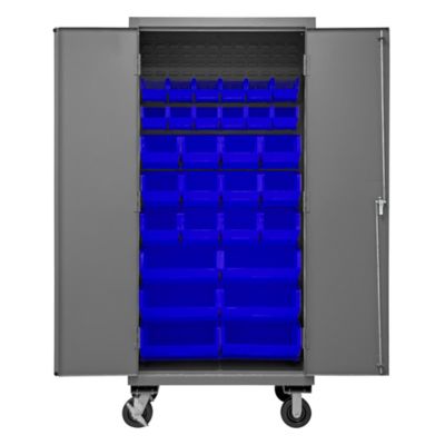 Durham MFG 16-Gauge Steel Bin Mobile Cabinet, 30 Blue Bins