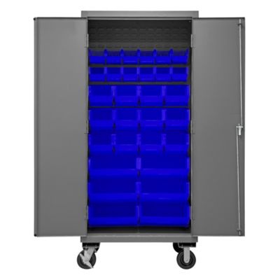 Durham MFG 30-Bin Mobile Steel Cabinet, 36 in. x 24 in. x 81 in., Blue/Gray, 2501M-BLP-30-5295