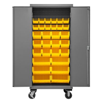 Durham MFG 30-Bin Mobile Steel Cabinet, 36 in. x 24 in. x 81 in., Yellow/Gray, 2501M-BLP-30-95