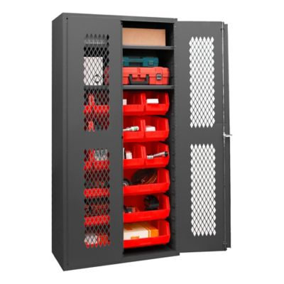 Durham MFG 14 Gauge Ventilated Cabinet, 36 in. x 18 in. x 72 in., 18 Red Bins
