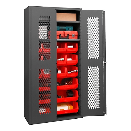 Durham MFG 14 Gauge Ventilated Cabinet, 36 in. x 18 in. x 72 in., 18 Red Bins