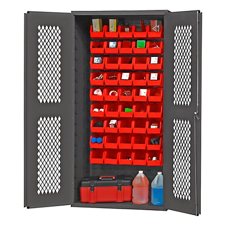 Durham MFG 14 Gauge Ventilated Cabinet, 36 in. x 18 in. x 72 in., 45 Red Bins
