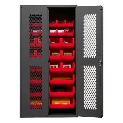 Durham MFG 14 Gauge Ventilated Cabinet, 36 in. x 24 in. x 72 in., 30 Red Bins