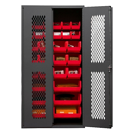 Durham MFG 14 Gauge Ventilated Cabinet, 36 in. x 24 in. x 72 in., 30 Red Bins