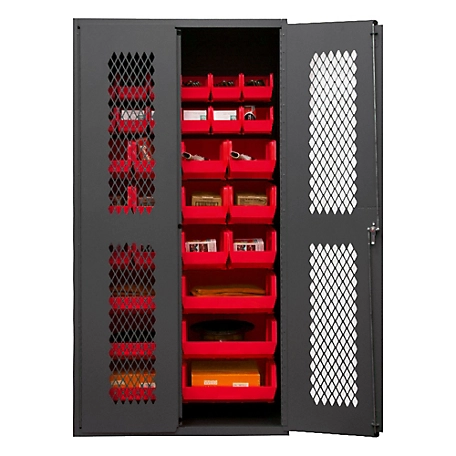 Durham MFG 14 Gauge Ventilated Cabinet, 36 in. x 24 in. x 72 in., 30 Red Bins