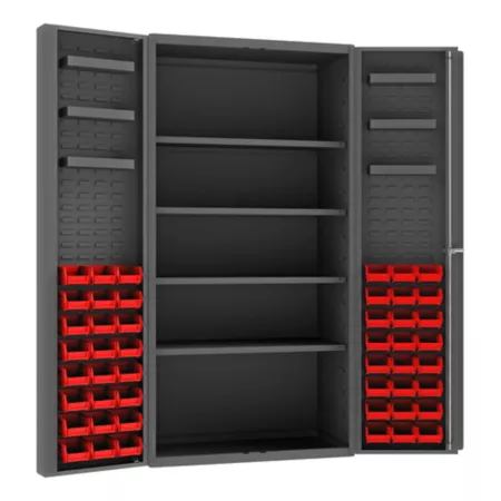 Durham MFG Deep Door Cabinet 14 Gauge 36 in x 24 in x 72 in 48 Red Bins Freestanding Garage Cabinets