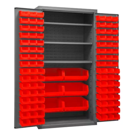 Durham MFG 16 Gauge Steel Shelving and Bin Cabinet 36 in x 24 in x 72 in 102 Red Bins 3 Shelves Freestanding Garage Cabinets