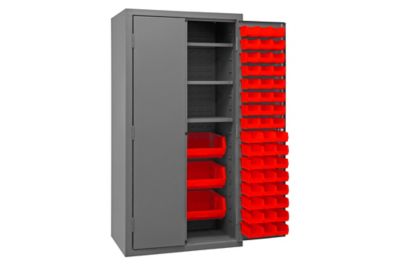 Image showing  36 in. x 24 in. x 72 in. 16-Gauge Steel Shelf and Bin Cabinet, 102 Red Bins, 3 Shelves