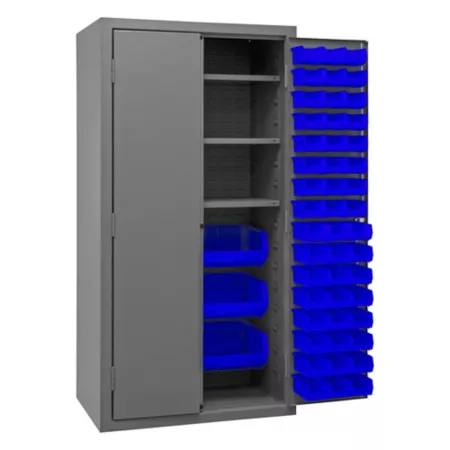 Durham MFG 16 Gauge Steel Shelving and Bin Cabinet 36 in x 24 in x 72 in 102 Blue Bins 3 Shelves Freestanding Garage Cabinets