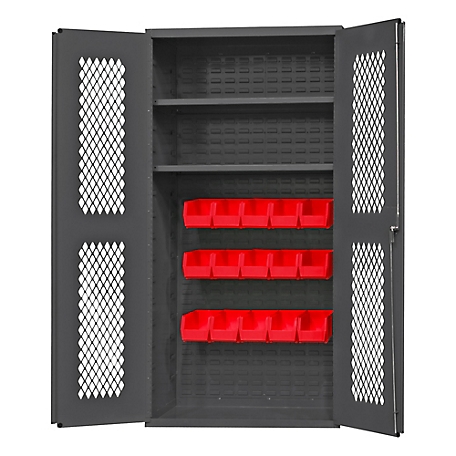 Durham MFG 14 Gauge Ventilated Cabinet, 36 in. x 24 in. x 72 in., 15 Red Bins
