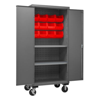 Durham MFG 1000 lb. Capacity 14-Gauge Steel Mobile Shelf and Bin Cabinet, 12 Red Bins, 2 Shelves