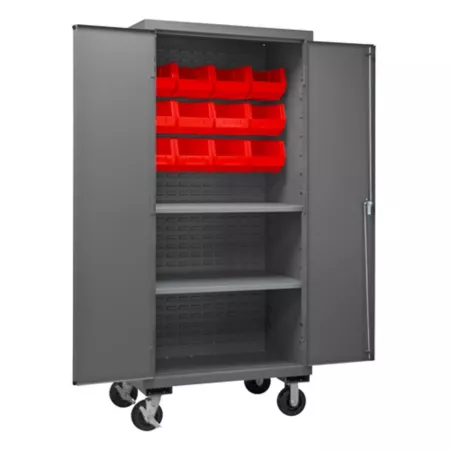 Durham MFG 14 Gauge Steel Mobile Shelving and Bin Cabinet 1 000 lb Capacity 12 Red Bins 2 Shelves Bin Organizers