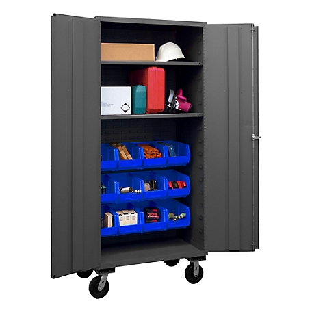 Durham MFG 1000 lb. Capacity 14-Gauge Steel Mobile Shelf and Bin Cabinet, 12 Blue Bins, 2 Shelves