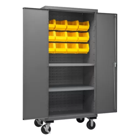 Durham MFG 14 Gauge Steel Mobile Shelving and Bin Cabinet 1 000 lb Capacity 12 Yellow Bins 2 Shelves Bin Organizers