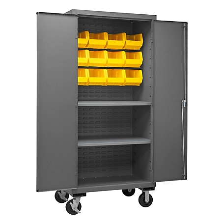 Durham MFG 1000 lb. Capacity 14-Gauge Steel Mobile Shelf and Bin Cabinet, 12 Yellow Bins, 2 Shelves