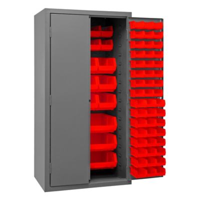 Durham MFG 16-Gauge Steel Bin Storage Cabinet with 126 Red Bins
