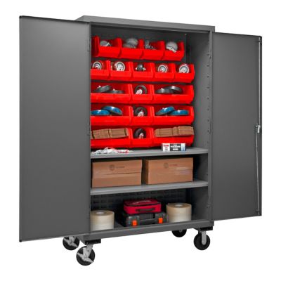 Durham MFG 750 lb. Capacity 16-Gauge Mobile Storage Cabinet, 18 Red Bins, 2 Adjustable Shelves