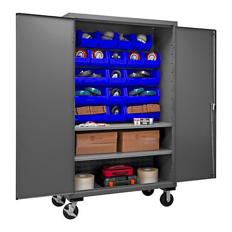 Durham MFG 750 lb. Capacity 16-Gauge Mobile Storage Cabinet, 18 Blue Bins, 2 Adjustable Shelves