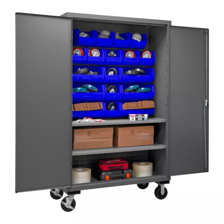 Durham MFG Mobile Storage Cabinet 750 lb Capacity 16 Gauge 18 Blue Bins 2 Adjustable Shelves Bin Organizers