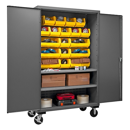 Durham MFG 750 lb. Capacity 16-Gauge Mobile Storage Cabinet, 18 Yellow Bins, 2 Adjustable Shelves