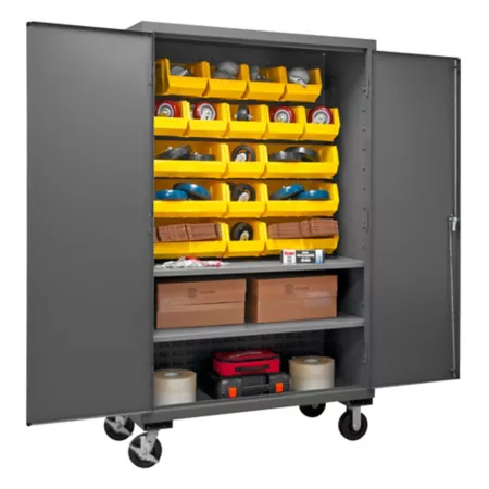 Durham MFG Mobile Storage Cabinet 750 lb Capacity 16 Gauge 18 Yellow Bins 2 Adjustable Shelves Bin Organizers