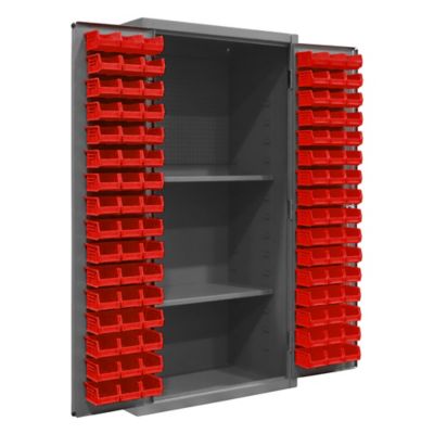 Durham MFG 14 Gauge Steel Shelf Bin and Pegboard Cabinet, 96 Red Bins