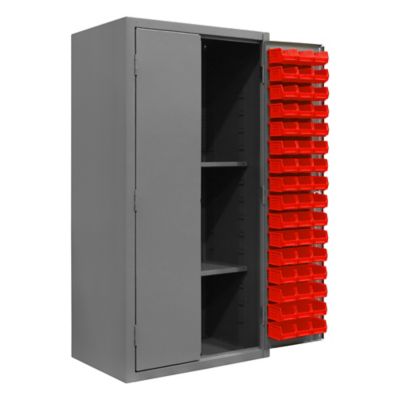 Image showing  96-Bin and 2-Shelf Steel Cabinet with Pegboard, 36 in. x 24 in. x 72 in., Red/Gray