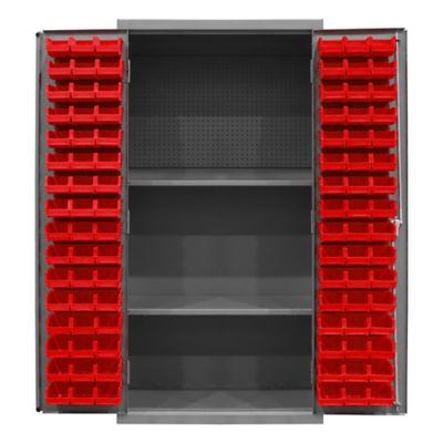 Image showing  96-Bin and 2-Shelf Steel Cabinet with Pegboard, 36 in. x 24 in. x 72 in., Red/Gray