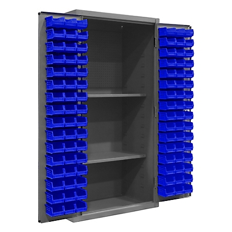 Durham MFG 14 Gauge Steel Shelf Bin and Pegboard Cabinet, 96 Blue Bins