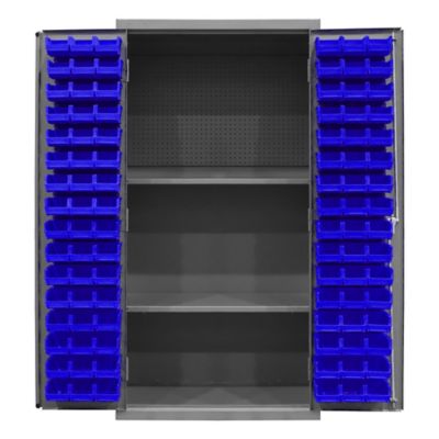 Image showing  96-Bin and 2-Shelf Steel Cabinet with Pegboard, 36 in. x 24 in. x 72 in., Blue/Gray