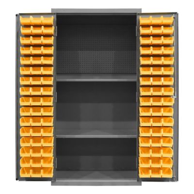 Image showing  96-Bin and 3-Shelf Steel Cabinet with Pegboard, 24 in. x 36 in. x 72 in., Yellow/Gray