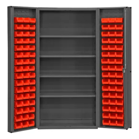 Durham MFG Deep Door Cabinet 14 Gauge 36 in x 24 in x 72 in 96 Red Bins Freestanding Garage Cabinets