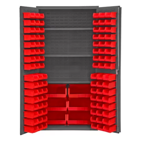 Durham MFG 14 Gauge Steel Shelving and Bin Cabinet 35 3/4 in x 16 3/8 in 102 Red Bins 3 Shelves Freestanding Garage Cabinets