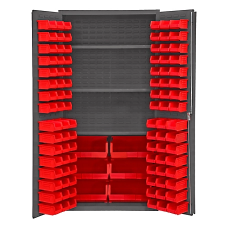 Durham MFG 35-3/4 in. x 16-3/8 in. 14-Gauge Steel Shelf and Bin Cabinet, 102 Red Bins, 3 Shelves