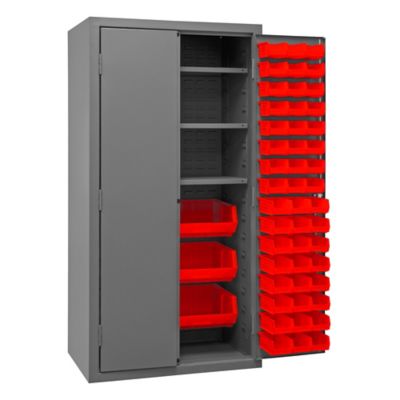 Image showing  35-3/4 in. x 16-3/8 in. 14-Gauge Steel Shelf and Bin Cabinet, 102 Red Bins, 3 Shelves