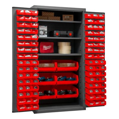 Image showing  35-3/4 in. x 16-3/8 in. 14-Gauge Steel Shelf and Bin Cabinet, 102 Red Bins, 3 Shelves