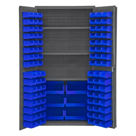 Durham MFG 14 Gauge Steel Shelving and Bin Cabinet 36 in x 24 in x 72 in 102 Blue Bins 3 Shelves Freestanding Garage Cabinets