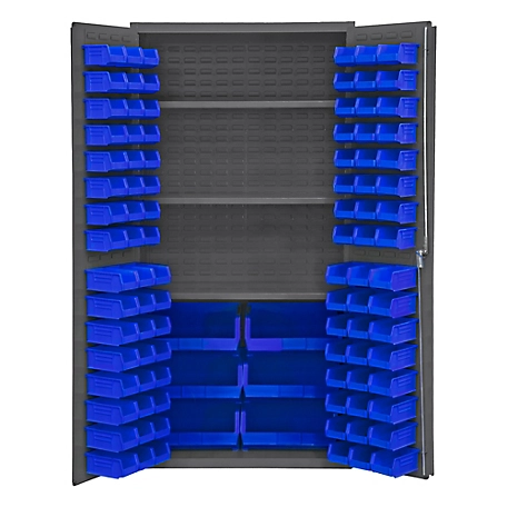 Durham MFG 36 in. x 24 in. x 72 in. 14-Gauge Steel Shelf and Bin Cabinet, 102 Blue Bins, 3 Shelves
