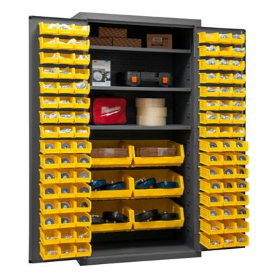 Image showing  102-Bin and 3-Shelf Steel Cabinet, 36 in. x 24 in. x 72 in., Yellow/Gray, 3501-BDLP-102-3S-95