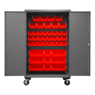 Durham MFG 16-Gauge Steel Bin Mobile Cabinet, 42 Red Bins