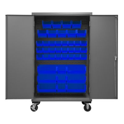 Durham MFG 16-Gauge Steel Bin Mobile Cabinet, 42 Blue Bins