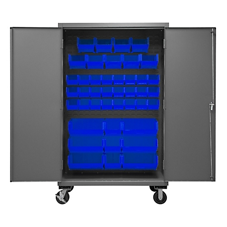 Durham MFG 16-Gauge Steel Bin Mobile Cabinet, 42 Blue Bins