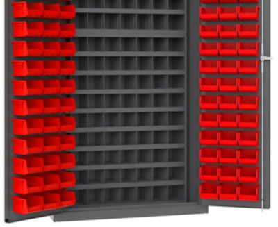Image showing  96-Bin Steel Cabinet, 36 in. x 24 in. x 72 in., Red/Gray