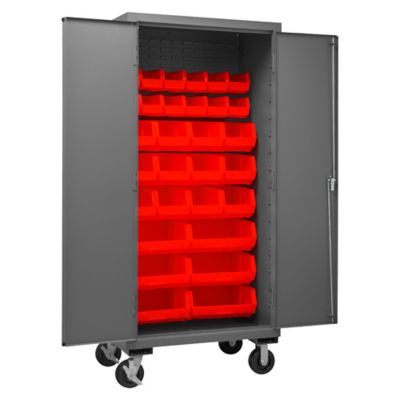 Durham MFG 14-Gauge Steel Mobile Bin Cabinet, 30 Red Bins