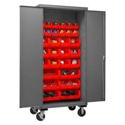 Image showing  30-Bin Mobile Steel Cabinet, 36 in. x 24 in. x 81 in., Red/Gray, 3501M-BLP-30-1795