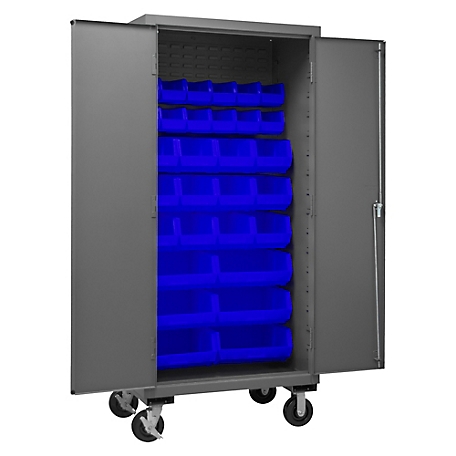 Durham MFG 14-Gauge Steel Mobile Bin Cabinet, 30 Blue Bins