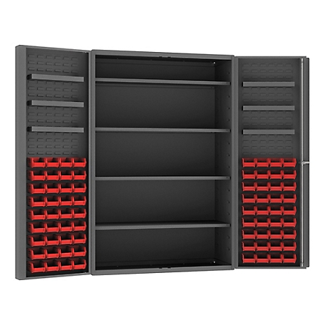 Durham MFG 14 Gauge Deep Door Cabinet, 48 in. x 24 in. x 72 in., 72 Red Bins, 10 Shelves