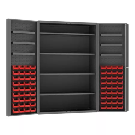 Durham MFG Deep Door Cabinet 14 Gauge 48 in x 24 in x 72 in 72 Red Bins 10 Shelves Freestanding Garage Cabinets